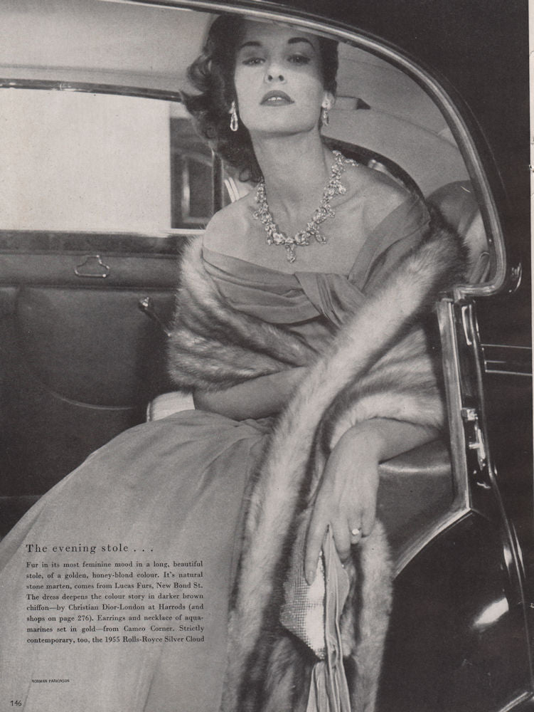 Fur evening stole. Rolls Royce Silver Cloud. Fashion. BRITISH VOGUE 1955 print